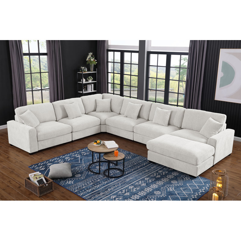Modular Large 7 Seats Corner Sectional Sofa Comfy Cloud Couch With Movable Ottoman, White Chenille