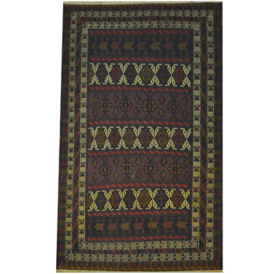 Tapis mauve / vert / rouge à motif géométrique en laine tissé à plat à la main 5 pi 3 po x 8 pi 9 po