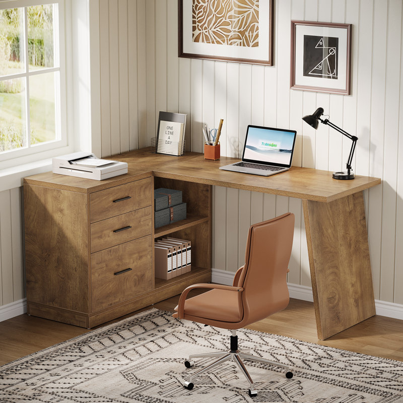 L-Shaped Computer Desk with File Cabinet and Storage Shelves