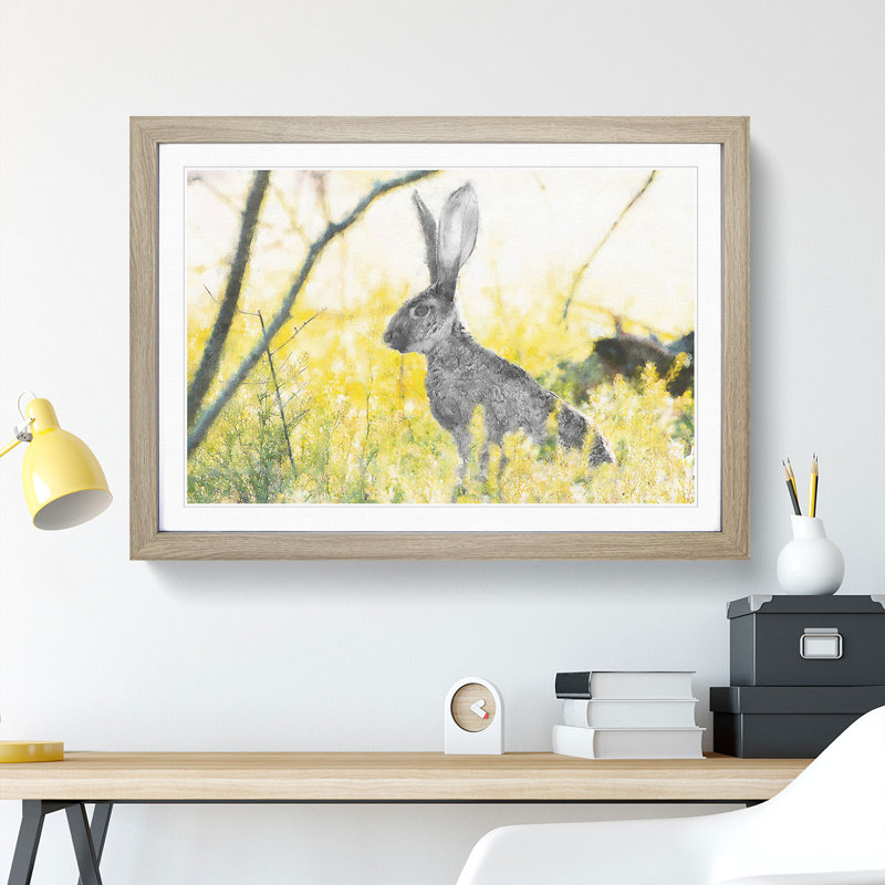 Alert Hare In The Meadow - Single Picture Frame Painting on MDF, 62cm H x 87cm W x 2cm D, Oak Framed
