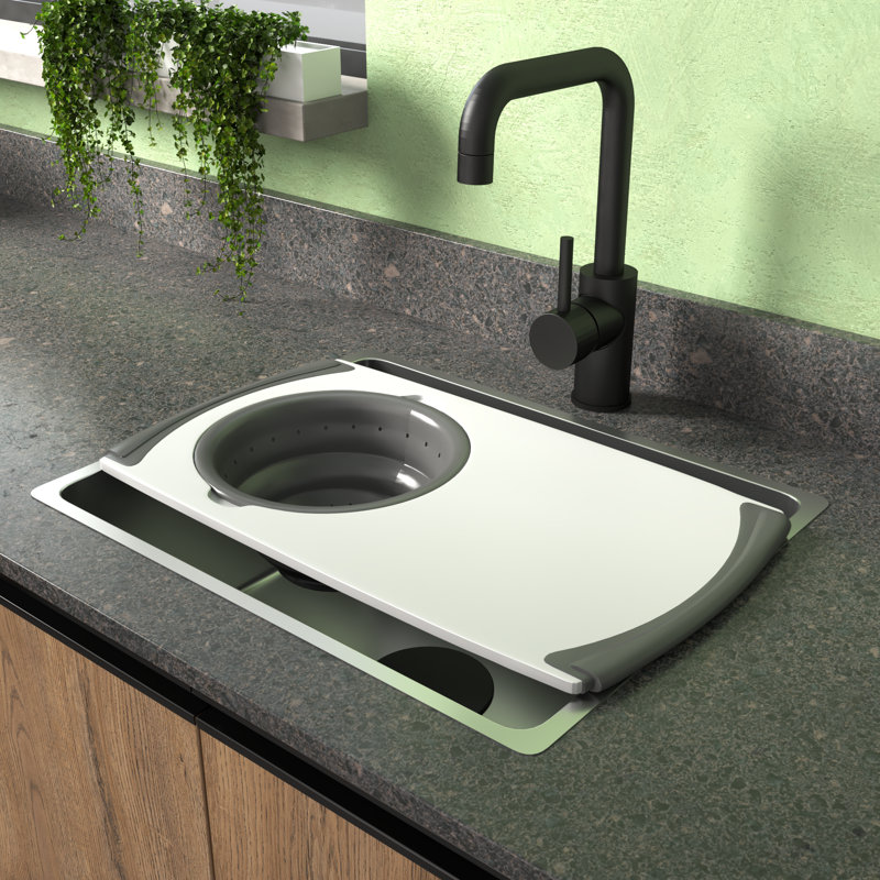 White and Grey Plastic Cutting Board with Built-In Strainer