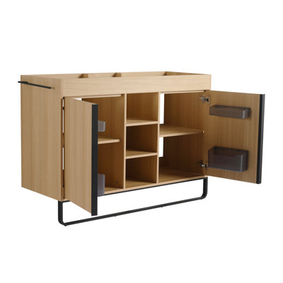 Meuble-lavabo autoportant 48 po, 2 portes à fermeture douce pour une fonction silencieuse, 3 espaces de rangement ouverts, 4 boîtes, quincaillerie en aluminium, structure en contreplaqué de couleur chêne, accessoires, finition