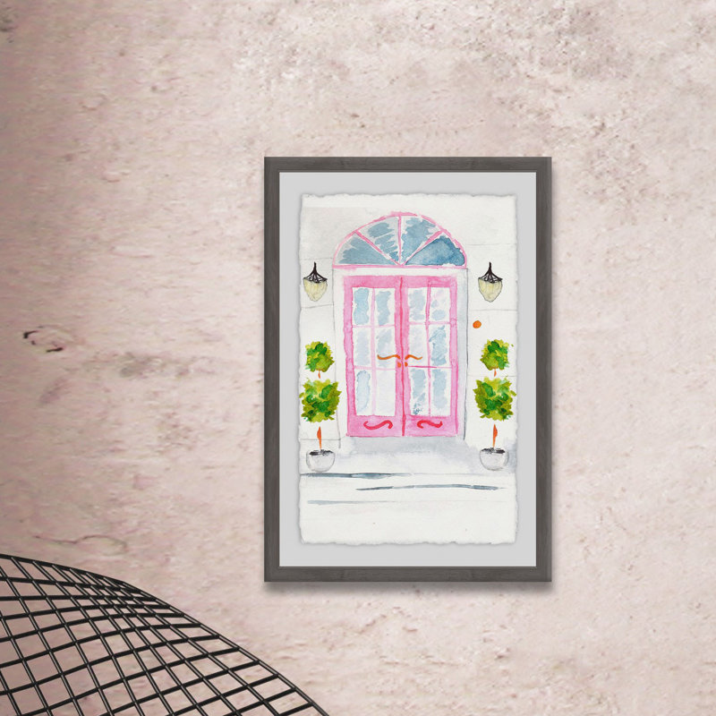 « rose portes françaises », reproduction de peinture à l’aquarelle encadrée, H 24 po x l 16 po