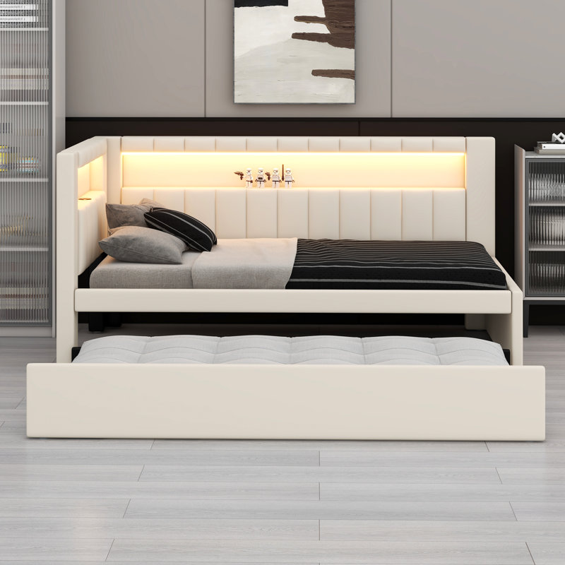 Twin Size Platform Bed With USB Ports And LED Belt Bed Frame With Trundle, White