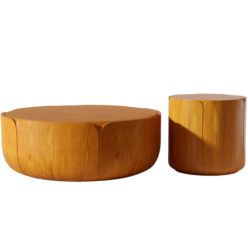 Ensemble de tables basses rondes pour l'intérieur et l'extérieur, ensemble de tables centrales à tambour en grain de bois moderne, imperméable et sans assemblage MGO (oxyde de magnésium) (ensemble de 2)