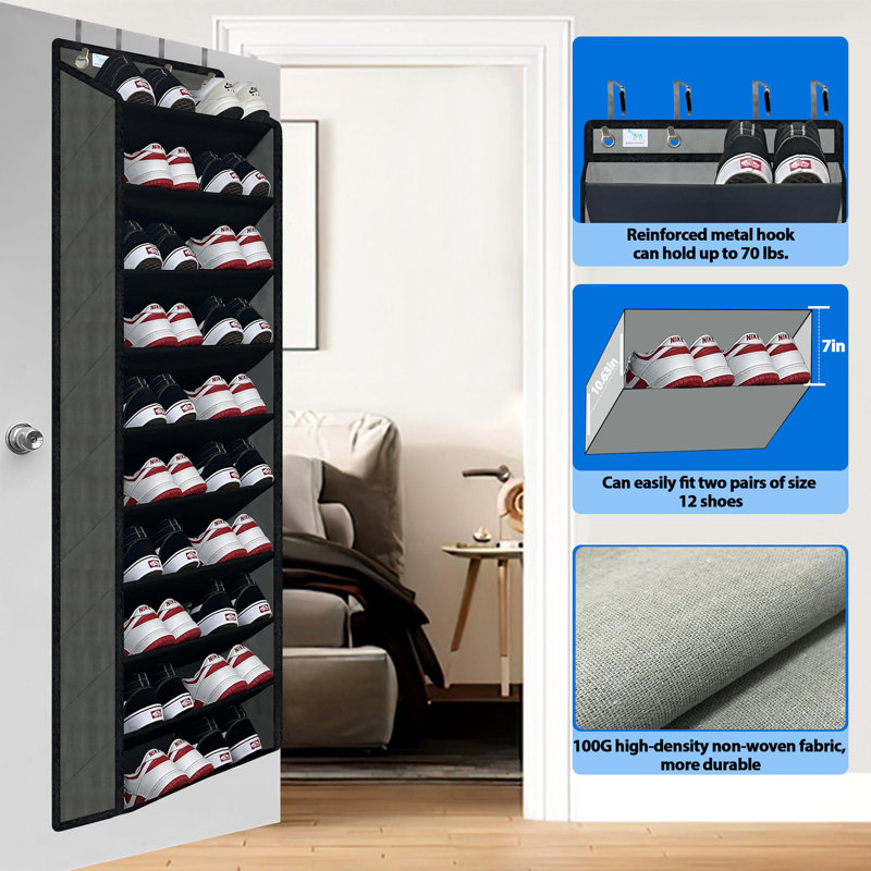 Over The Door Shoe Organizer, 20-30 Pairs of Shoes Storage Rack, Gray/Black