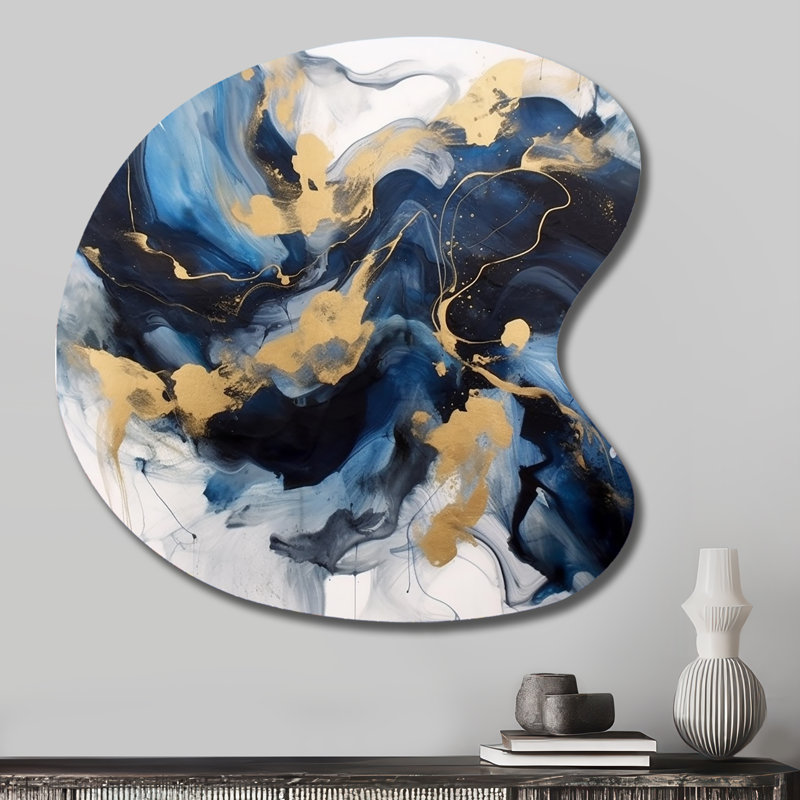 «Dark Blue and Gold Strokes», art mural fractal asymétrique, reproduction de sculpture murale en métal de forme unique
