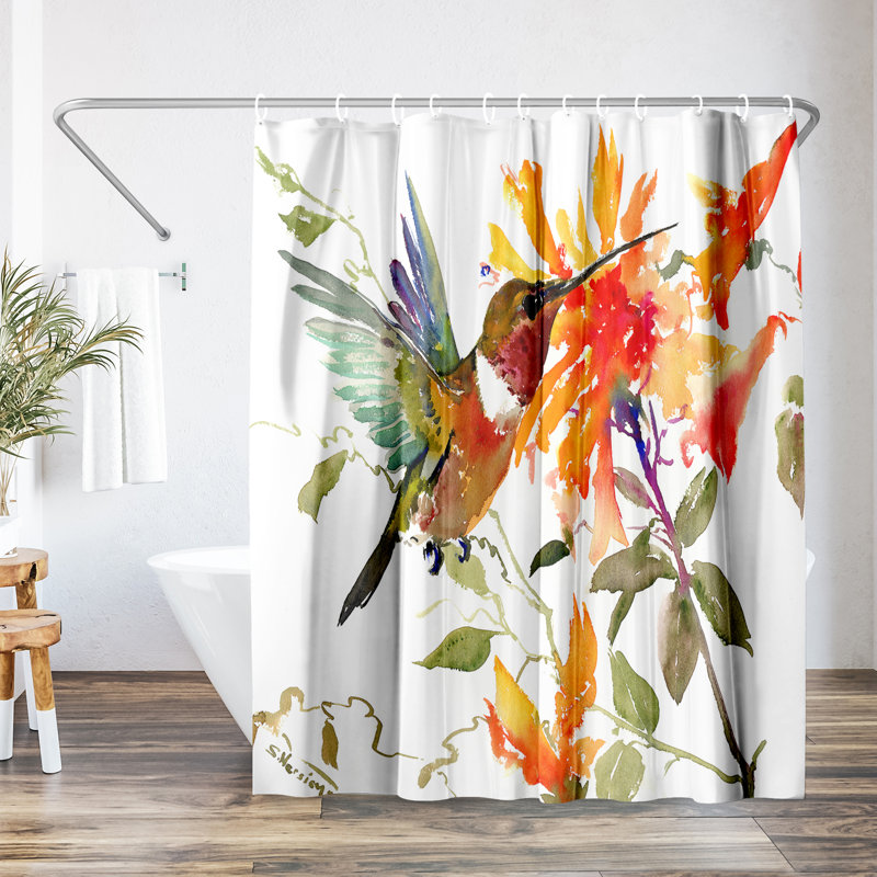 Rideau de douche floral colibri et fleurs orange par Suren Nersisyan