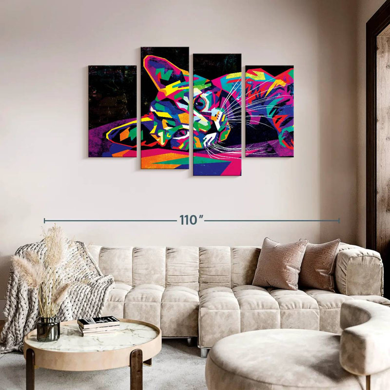 Multicoloured Abstract Cat Multi Piece Canvas Print, H 48 po x l 75 po x P 1,25 po