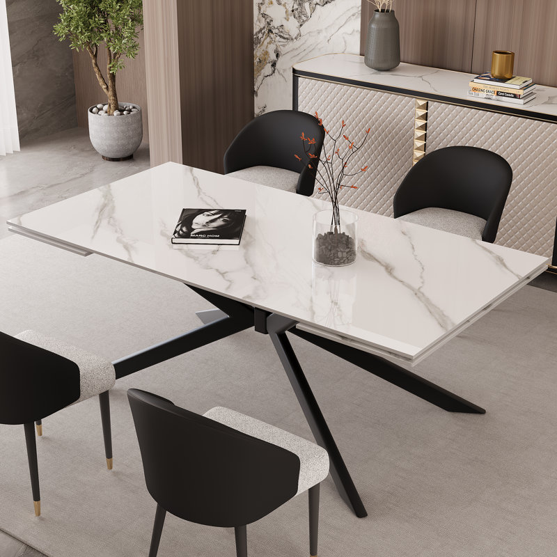 78.74' ' to 110.24' ' rectangular extendable dining table with sintered stone top for 8-12, Blanc montagne enneigée