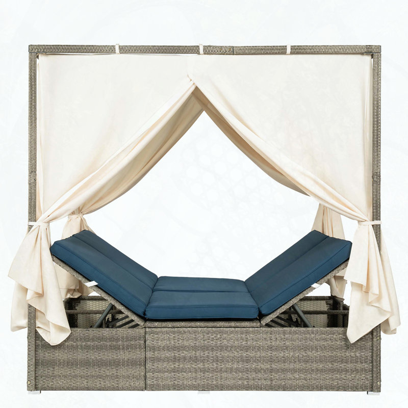 Adjustable Sun Bed with Curtain – PE Rattan Daybed with Cushion, 3 Colors