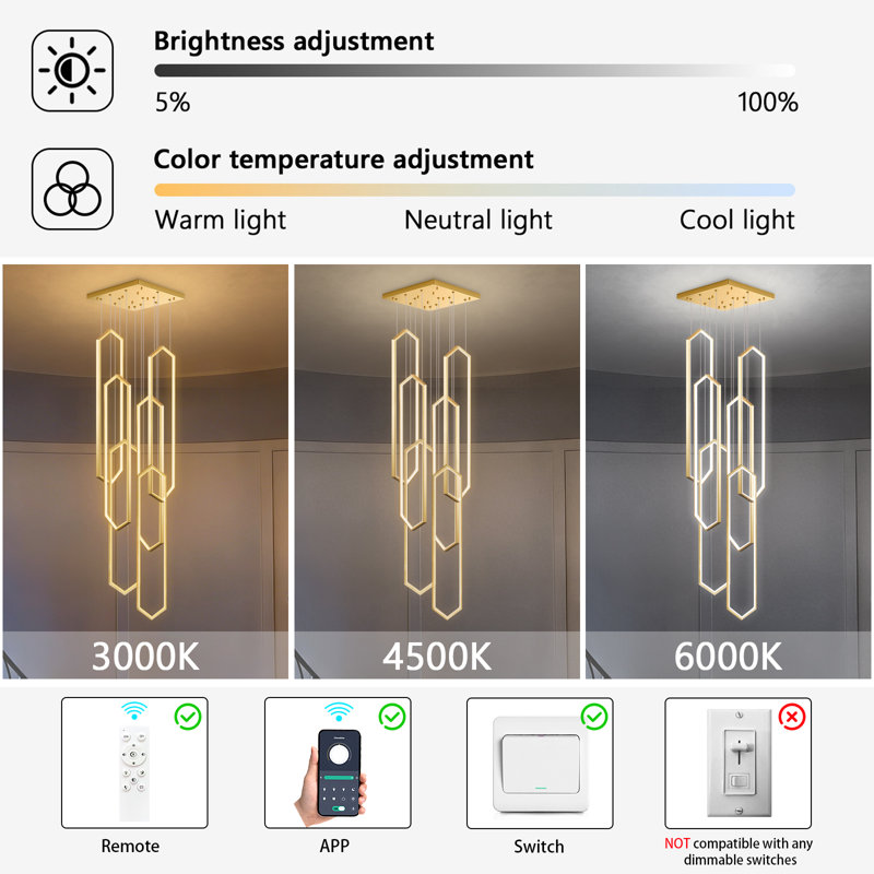 6 Rings Led Dimmable Chandelier, Gold, 138"H x 24" W x 24" D