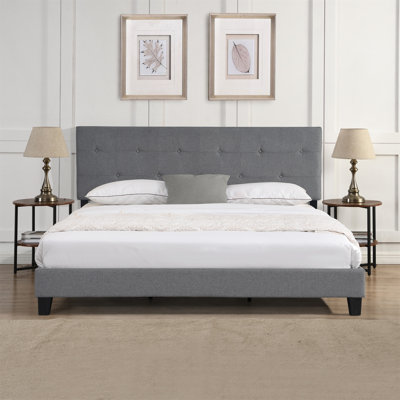 Lit plateforme tapissier avec tête de lit capitonnée en lin, aucun sommier tapissier, bois