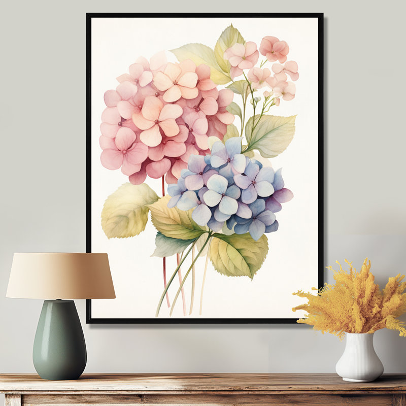 Rétro fleur d'hortensia rose et mauve - art mural hortensia, Cadre flottant noir, bois massif, H 20 po x l 12 po