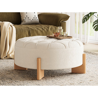 Modern 32" Round With Buttons, Chenille Fabric And Rubberwood Legs For Comfortable Resting In Home Multi - Functional Beige Upholstery Different Rooms
