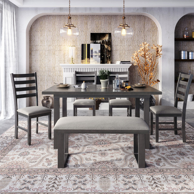 Gray Solid Wood 6 Dining Arrangement, With Table, 4 Chairs And Bench Up, Rectangular & - Comfortable Seating Choice