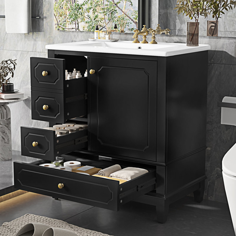 Meuble-lavabo autoportant avec lavabo, Noir, Doré