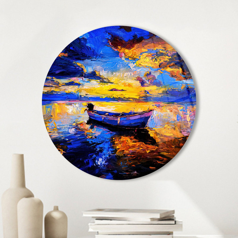 Art mural abstrait en verre trempé abstrait paysage de mer avec bateau et nature pour la maison, H 35,4 po x l 35,4 po