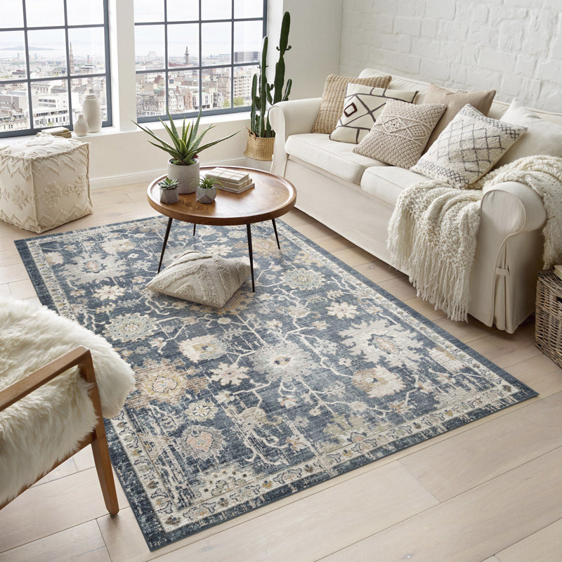 Washable Living Room Traditional Lagoon Floral Area Rug – Soft Polypropylene Weaving, Low Pile, Non Slip Cotton Backing for Elegant Indoor Spaces, Navy