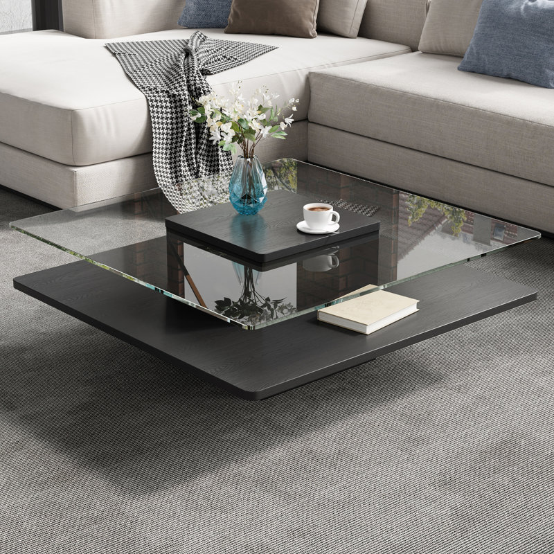 Table basse carrée avec plateau en verre et tablettes, Transparent&Black / Black