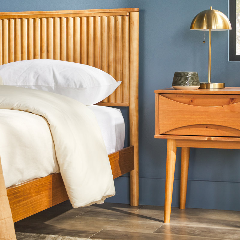 Lit plateforme en bois massif avec tête de lit Led, Grand, Blond