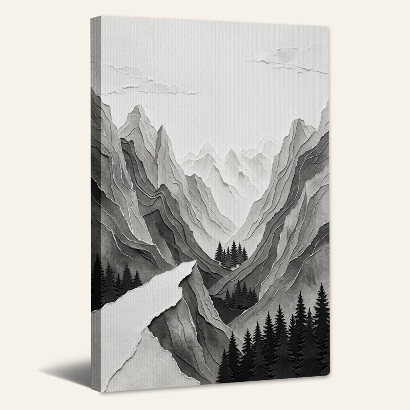 Art mural sur toile paysage de montagne en papier monochrome, H 18 po x l 12 po