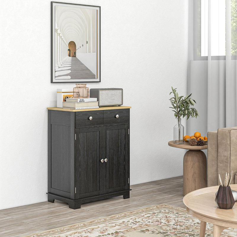 Buffet noir vieilli avec comptoir en bois massif, Noir patiné