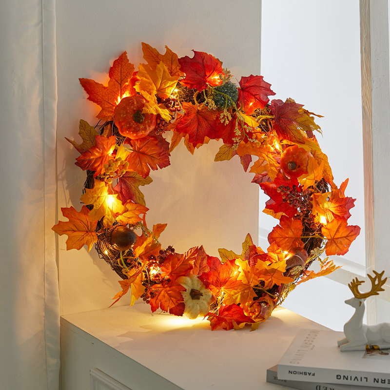 60cm Lighted Fall Wreath for Front Door Halloween Thanksgiving Decoration