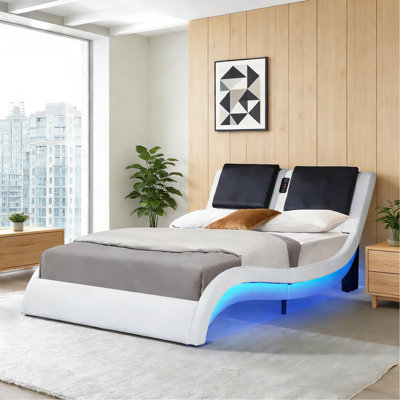 Faux Leather Upholstered Platform Bed Frame With Led Lighting, Bluetooth Connection To Play Music Control, Backrest Vibration Massage, Curve Design, Wood Slat Support, No Box Spring Needed, Queen
