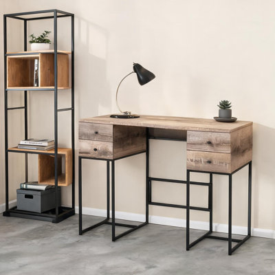 Bureau d'écriture de style traîneau noir avec port USB et quatre tiroirs au fini chêne rustique