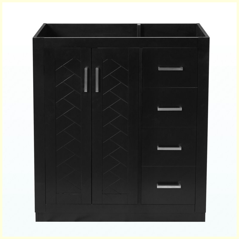 Meuble-lavabo autoportant en bois massif de 30 po avec 3 tiroirs et portes à fermeture douce, Black/Silver