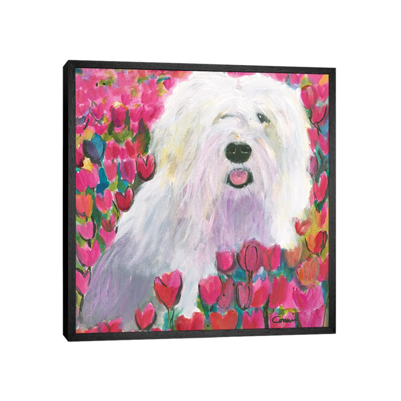 Sheepdog In Tulip Field by Connie Collum - Painting on Canvas, 66.04 cm H x 66.04 cm W, Black Framed