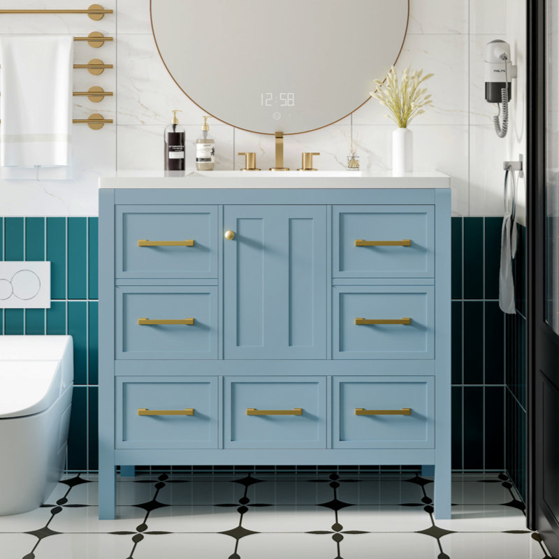 Ensemble de meuble-lavabo de salle de bain avec lavabo en résine, ensemble de meuble-lavabo autoportant avec cadre en bois massif