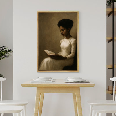 Woman Reading in White Dress Canvas Wall Art, Classic Figurative Portrait Framed Print for Study or Vintage-Inspired Decor
