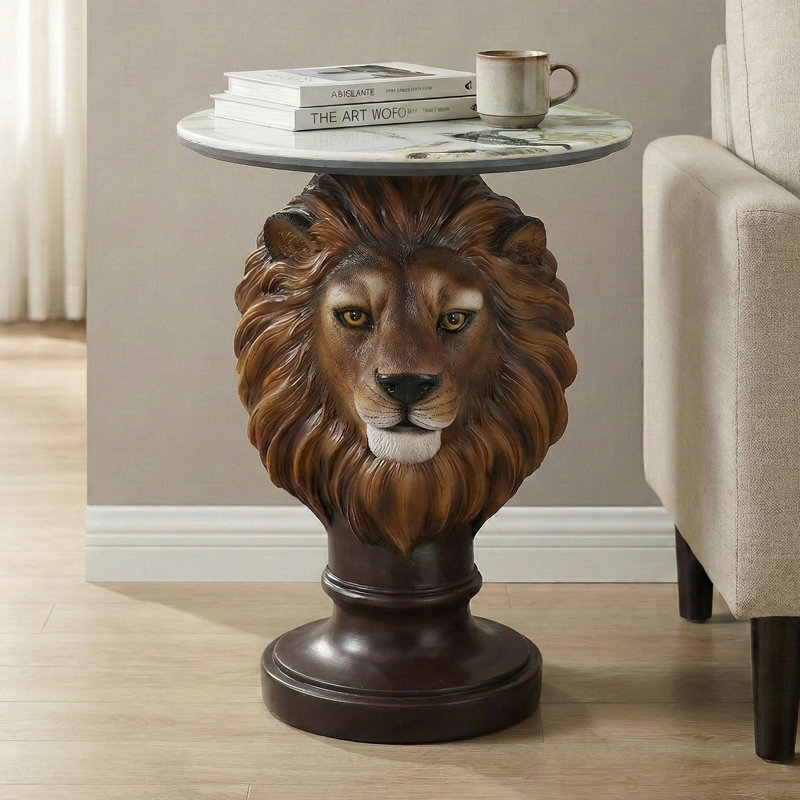 Lion Head Side Table, Unique Animal End Table with Round Top, 25.6" Tall Modern Resin Statue Nightstand for Living Room, Office & Man Cave Decor - Realistic