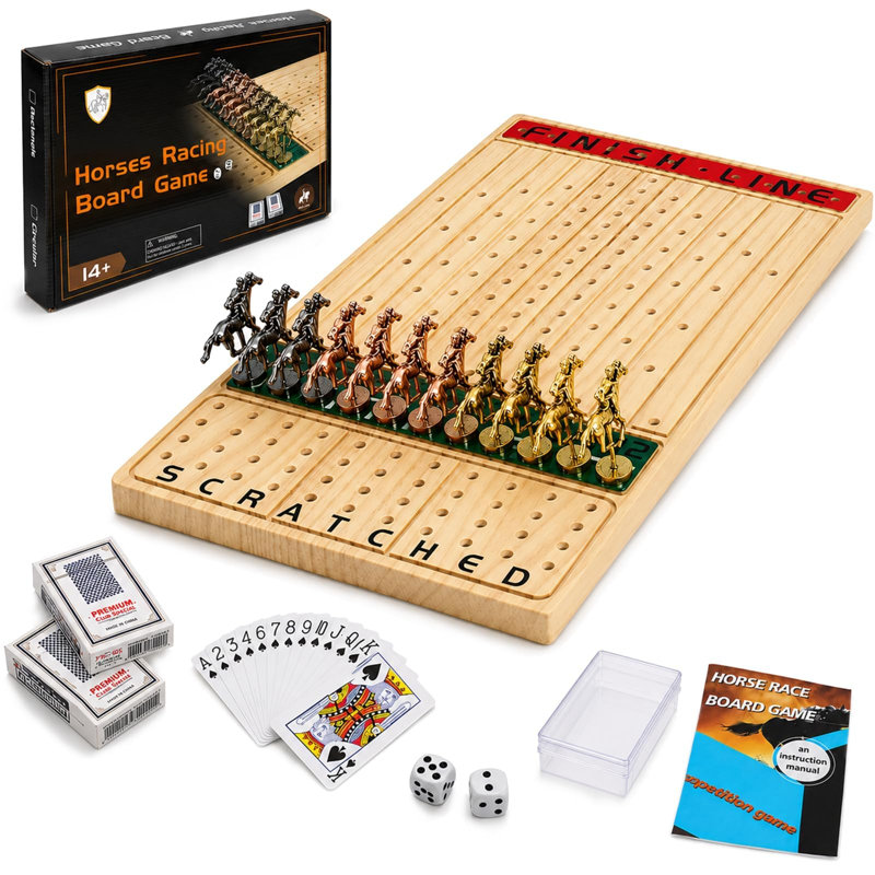 Jeu de course de chevaux en bois massif épaissi avec 11 chevaux en métal luxueux et durable avec 2 dés et 2 boîtes (couleur de bûche, rectangle)