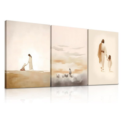 Set Of 3 Framed Canvas Wall Art Jesus With Child And Lamb Watercolor Religious Artworks Christian Style Wall Decor Paintings HD Print Posters For Bedroom, Living Room And Church 16X24inch