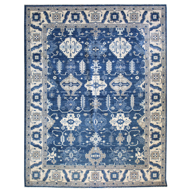 Tapis bleu en laine noué à la main de conception unique 8 pi x 10 pi New Age