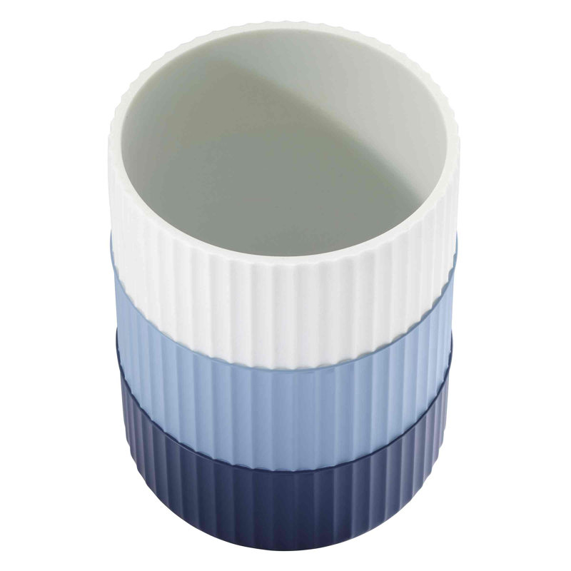 Striped Blue and White Plastic Bathroom Wastebasket