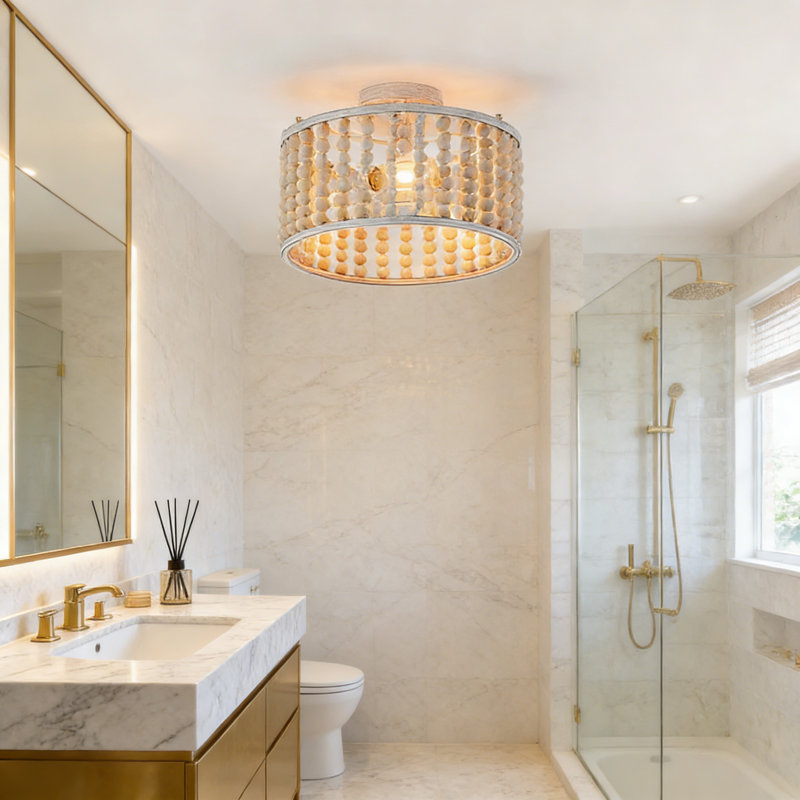Luminaire de lustre semi-encastré en perles de bois, plafonnier boho rustique à 3 lumières avec perles enfilées à la main pour chambre à coucher, cuisine, salon, chambre de bébé
