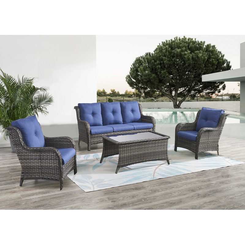 Alexiona 5 - Person Patio Conversation Set with Cushions, Gray, Blue