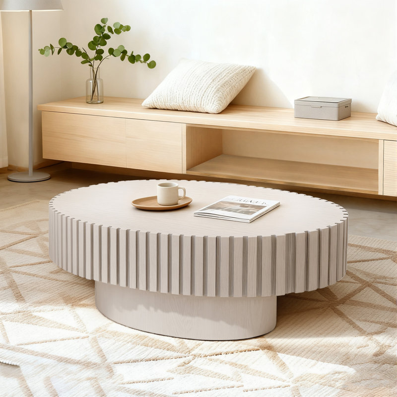 43.5'' Modern Oval Wooden Olive-shaped Coffee Table With Solid Wood Fluted Design For Living Room, White