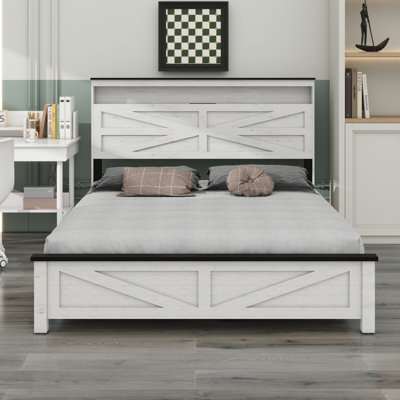 Bed Frame Headboard With LED Lights And Charging Station, With Headboard And Hidden Storage Space