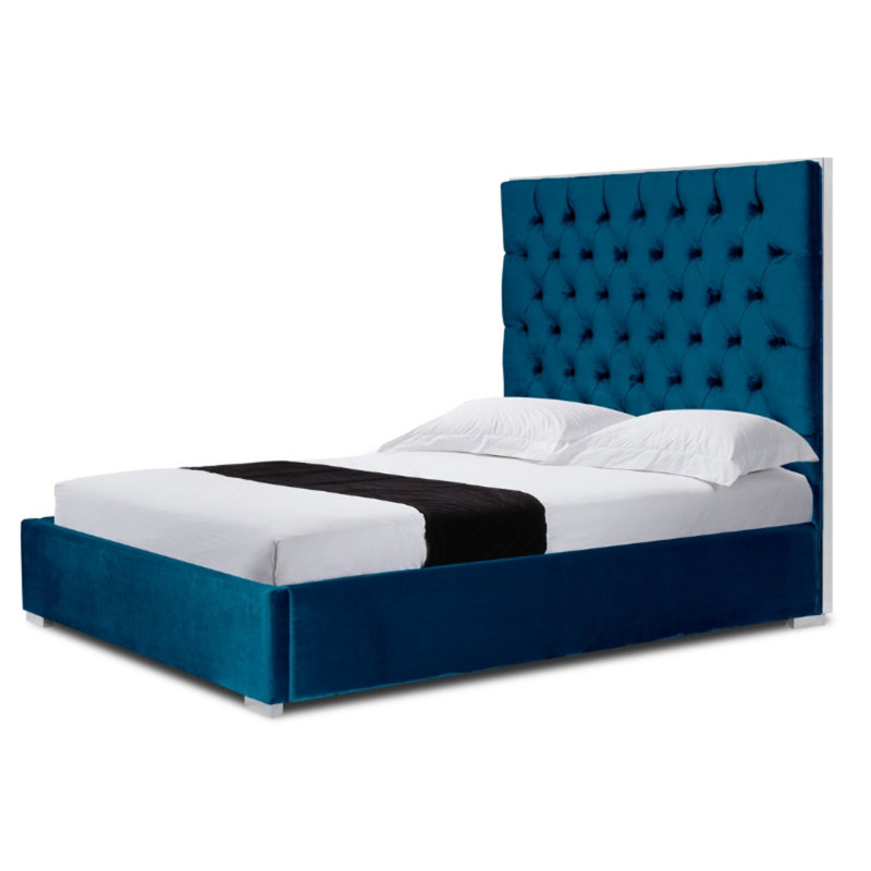 Grand lit plateforme tapissier capitonné, Bleu