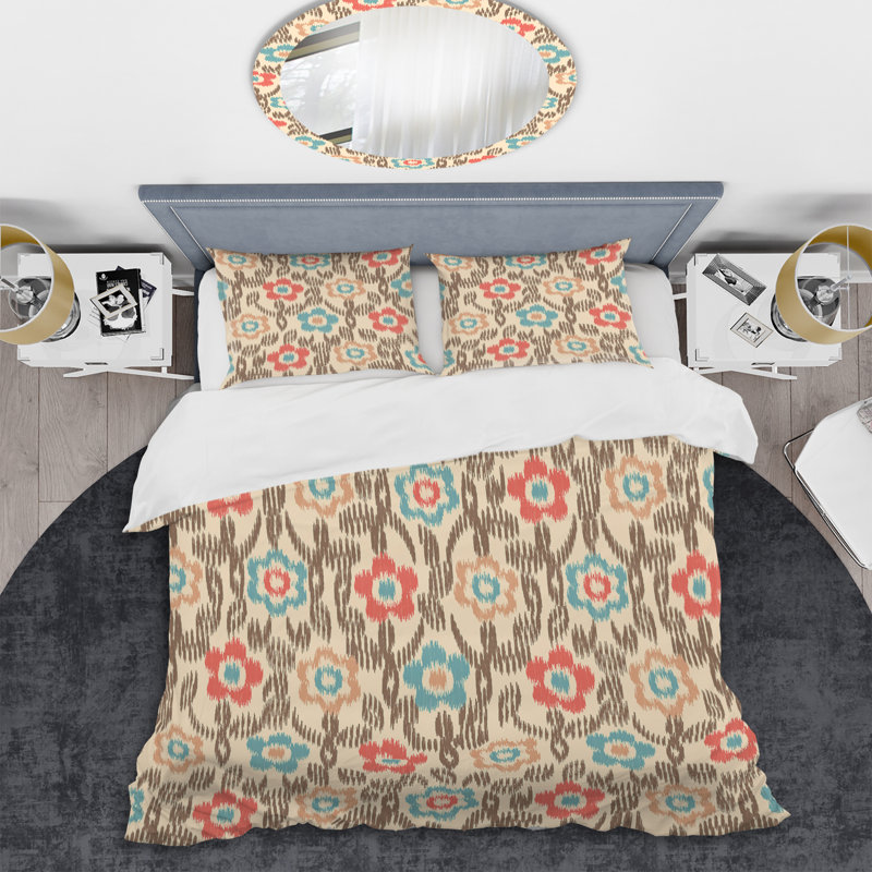Ikat rose et brun - ensemble de housse de couette abstrait - microfibre de polyester