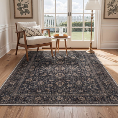 Tapis de couloir oriental bleu marine / brun lavable à la machine avec envers antidérapant