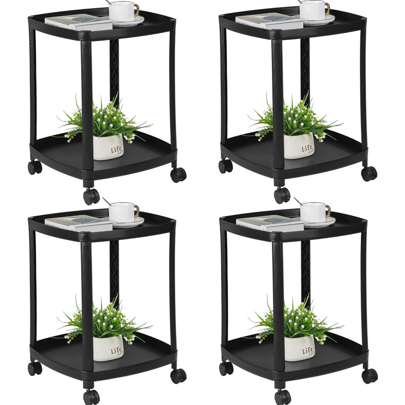 Ensemble de 4 tables de chevet avec roulettes, table de chevet en plastique à 2 niveaux avec tablettes de rangement et table de chevet mobile pour la chambre à coucher (ensemble de 4)
