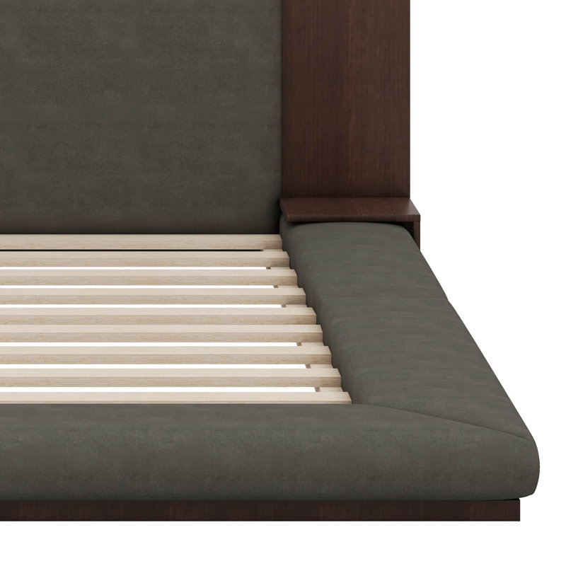 Upholstered Floor Bed With Extended Wood Headboard & Bedside Shelf, Queen