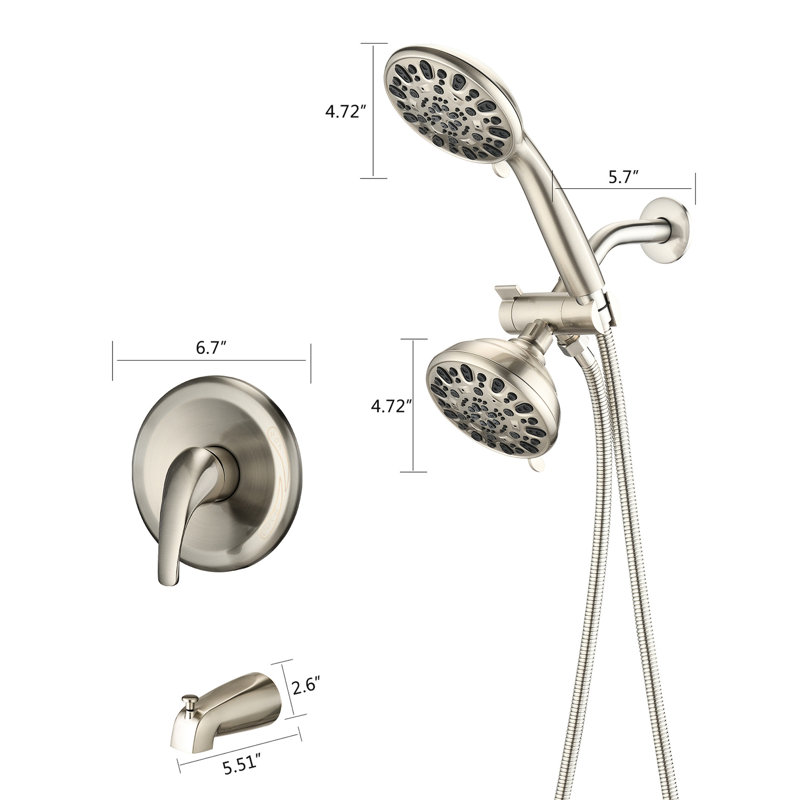 Tub Spout Shower System - High 2 In 1 Dual Faucet With Valve. 7 Spray Modes For Relaxing Time. Brushed Nickel Modes. All Metal.