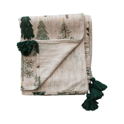 Artisan Cotton Throw with Tree Motif and Tassels